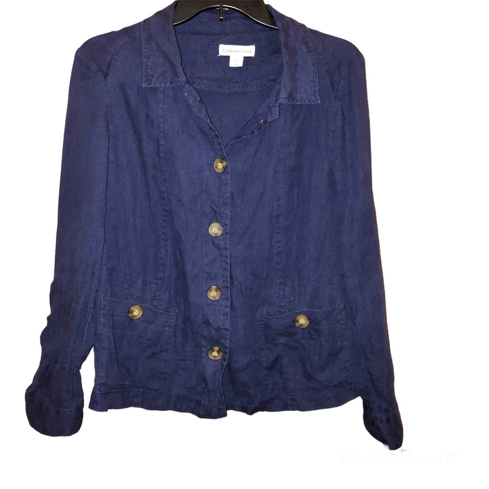 Coldwater Creek Linen Utility‎ Button Down Shirt Jacket Navy Blue 4-6